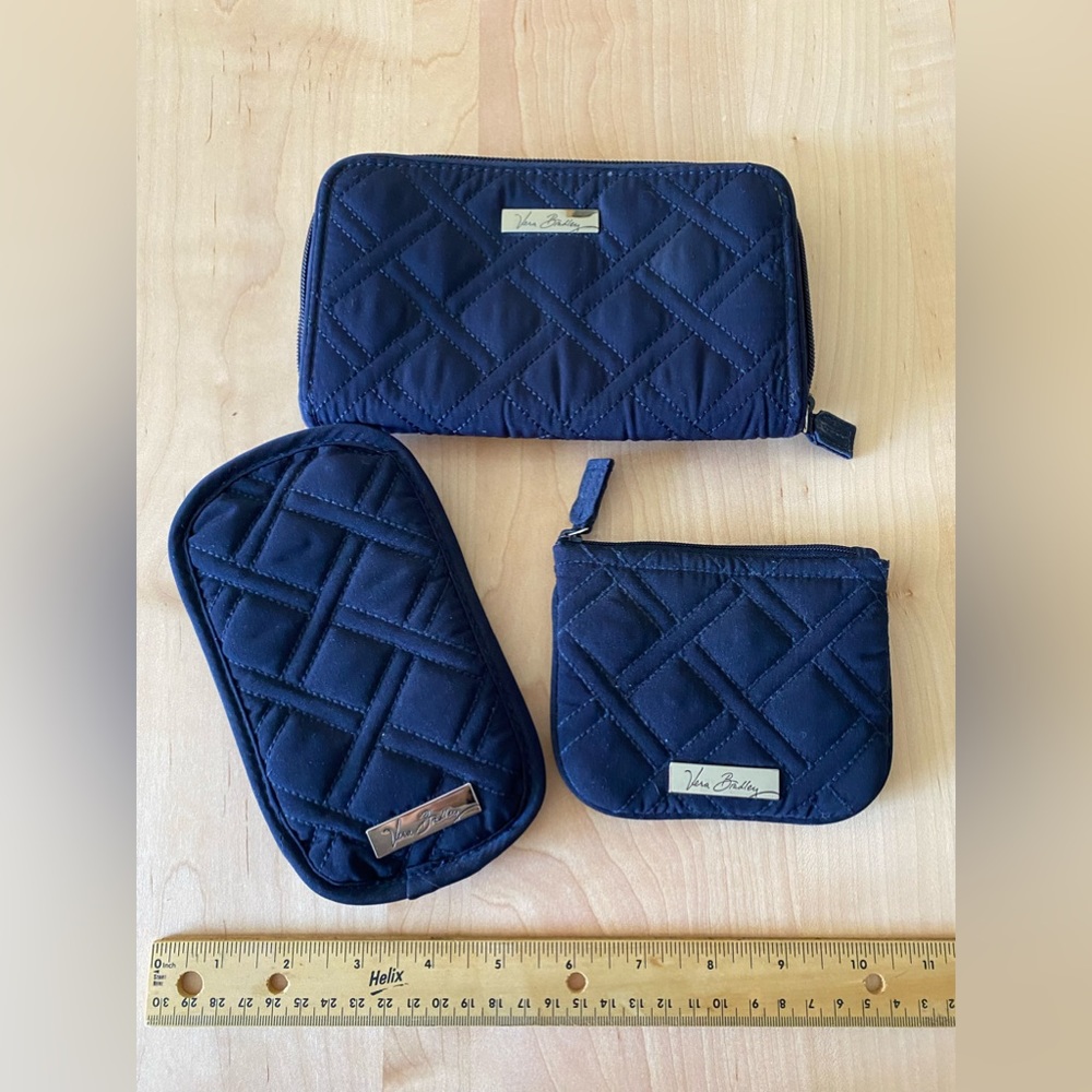 Vera Bradley bundle. Navy blue quilted wallet, mini pouch and glasses case.